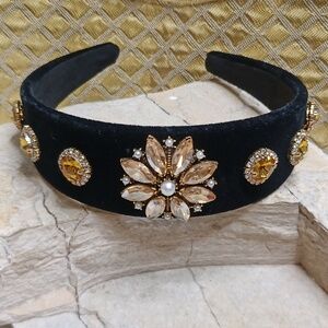 Yellow Citrine Medallions crystals on Black Velvet headband